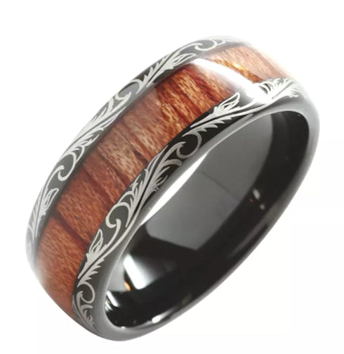 Men's 8mm Tungsten Ring Koa Wood Inlay With Laser Pattern Dome Wedding Band